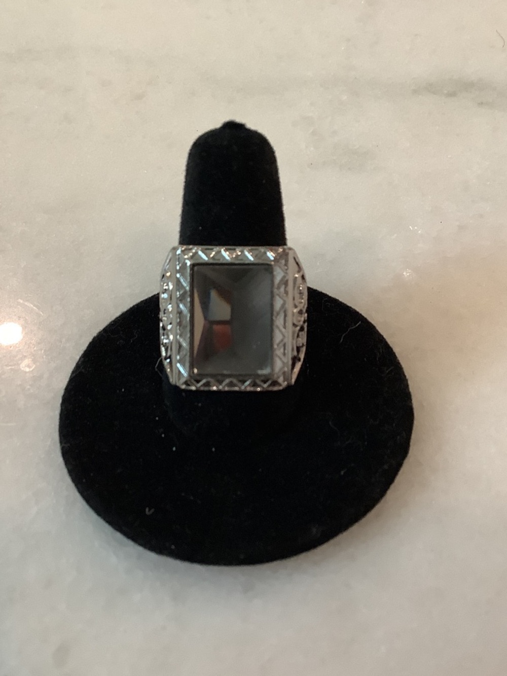 Women’s Rectangular Grey Stone Silver-Tone Statement Ring, Brand New